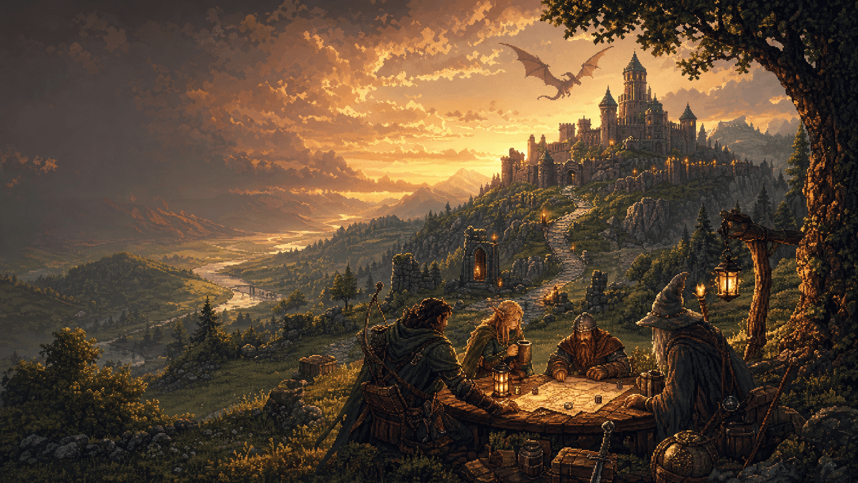A party of adventurers gathered around a lantern-lit table on a hillside, a castle and a flying dragon in the sunset beyond.